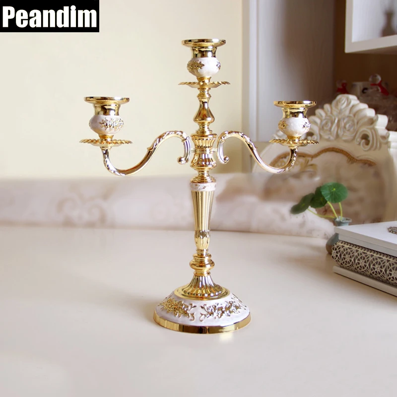 

PEANDIM European Style Hotel Suppliers Golden Candlestick Candelabr Small Candlestick 3-arms Golden Plated Metal Candle Holders