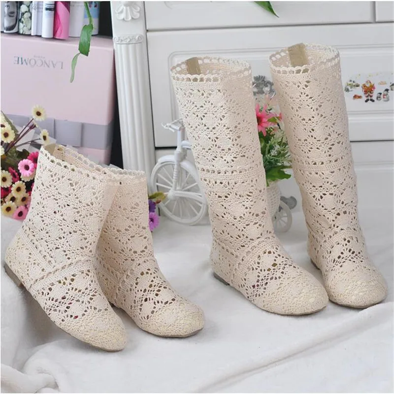 11 color lace openwork boots shoes breathable knit line mesh fashion high help summer women\'s boots knee high heel women\'s shoes