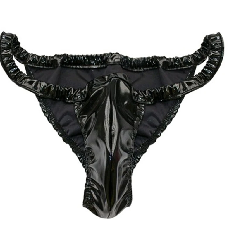 Men's sexy fashion underwear Shine patent leather cow head low waist briefs  boys PU leather performance pants