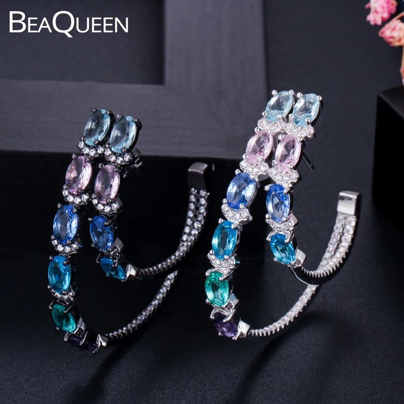 BeaQueen Newest Black Silver Color Blue Green Cubic Zirconia Double Round Big Circle Hoop Earrings Multicolor Women Jewelry E275