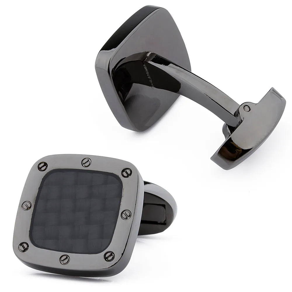 Classic Carbon Fiber Cufflinks Square Black Metal Cuff links Enamel Jewelry Cufflink for Mens Shirt