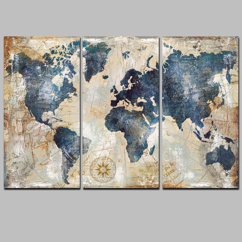 Watercolor World Map Modular Painting Posters and Prints on Canvas, Scandinavian Wall Art, Picture for Living Room, 3Panel