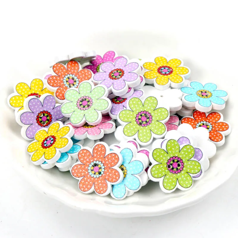 Wooden Scrapbooking Sewing Apparel Accessory Decoration Mixed Flower Painted Buttons Decorative Buttons DIY Crafts 20pcs 20-25mm
