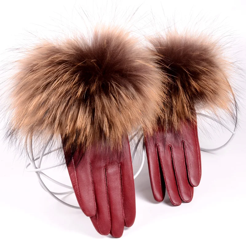 RYG2104 Branded New Woman Genuine Leather Raccoon Fur Gloves Female European Thin Lining Black/Dark Red/Arm Green Driving Luvas