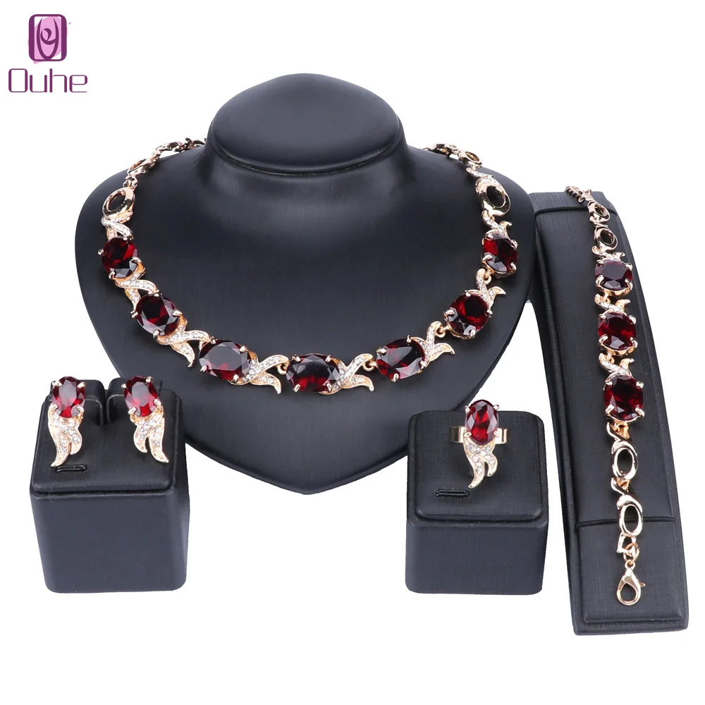 

OUHE Wedding Gold Color Red Crystal Trendy Necklace Jewelry Sets Party Women African Beads Bridal Necklace Earrings Accessories