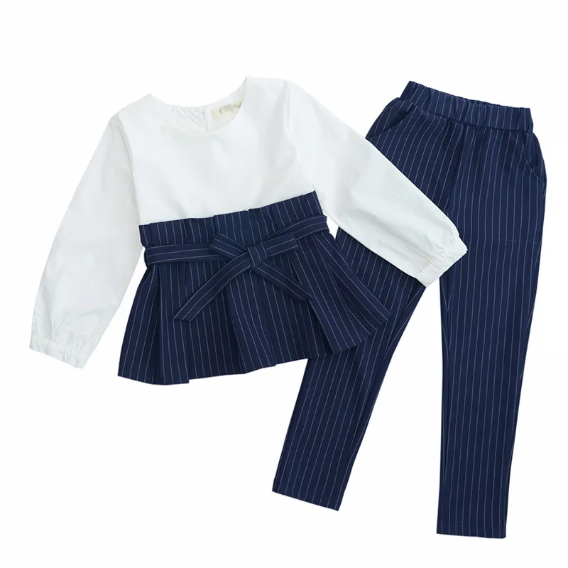 2024 Spring School Kids Set Striped Outfits Top Shirts & Pants Suits Girl Clothing Sets Patchwork Teen Clothes For Girls Autumn