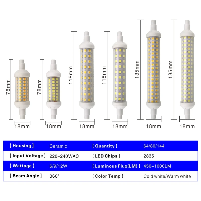 R7S LED 78 مللي متر 118 مللي متر 135 مللي متر r7s ضوء لمبة 6 واط 9 واط 12 واط SMD 2835 Lampada LED مصباح 220 فولت الذرة ضوء توفير الطاقة استبدال الهالوجين ضوء