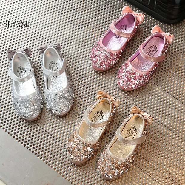 Fashion Girls Leather Shoes Sequins Glitter Shoes For Girls Spring Autum Children Princess Shoe Pink Silver Golden