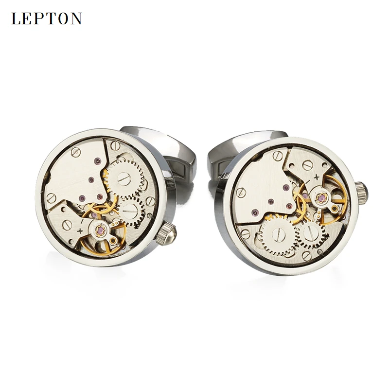 Hot Non-Functional Watch Movement Cufflinks For Mens Round Stainless Steel Silver Color Steampunk Gear Watch Mechanism Cufflink