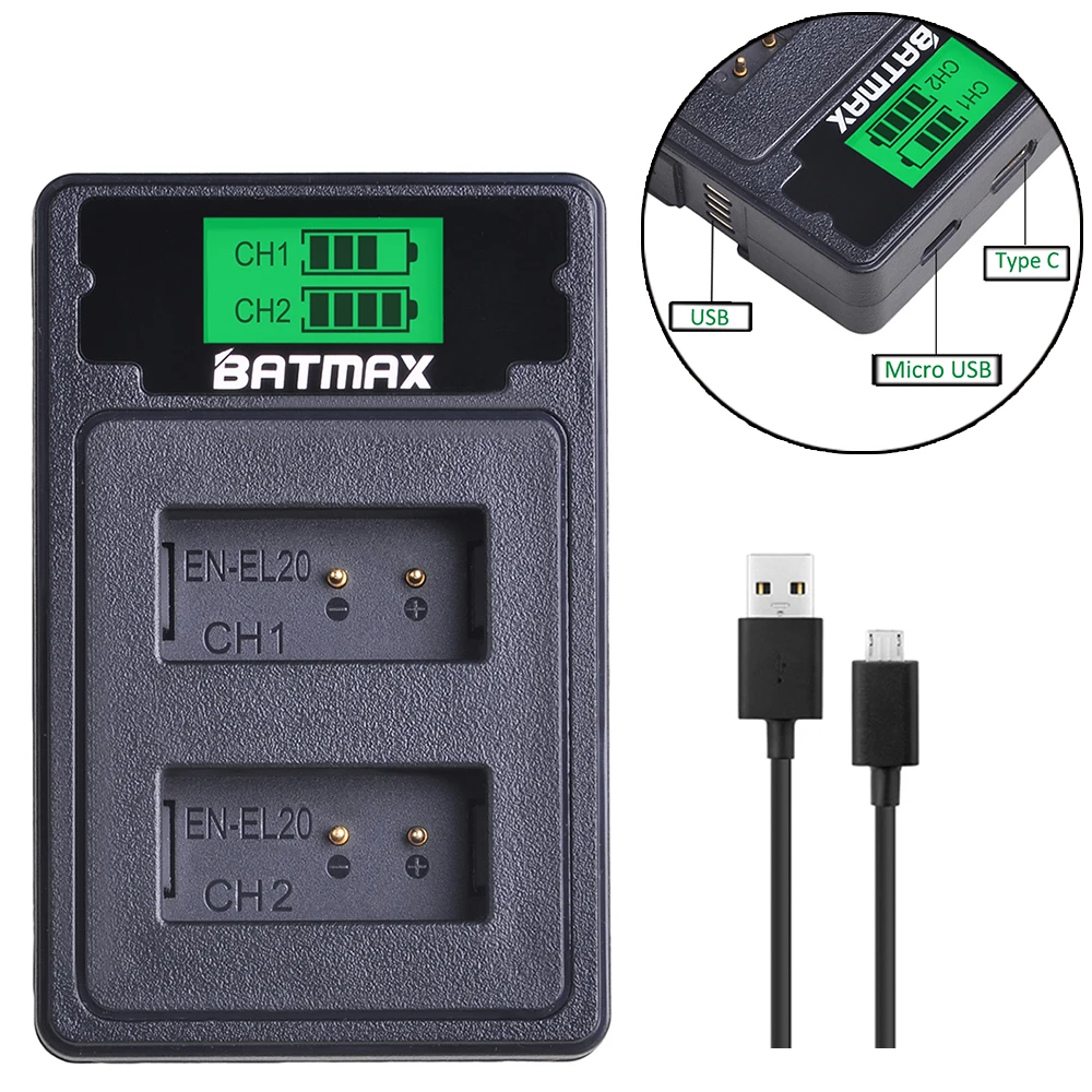 EN-EL20 EN EL20 EN EL20a Battery + LCD Dual USB Charger with Type C Port for Nikon Coolpix P1000 Nikon1 J1, J2, J3 Nikon1 AW1