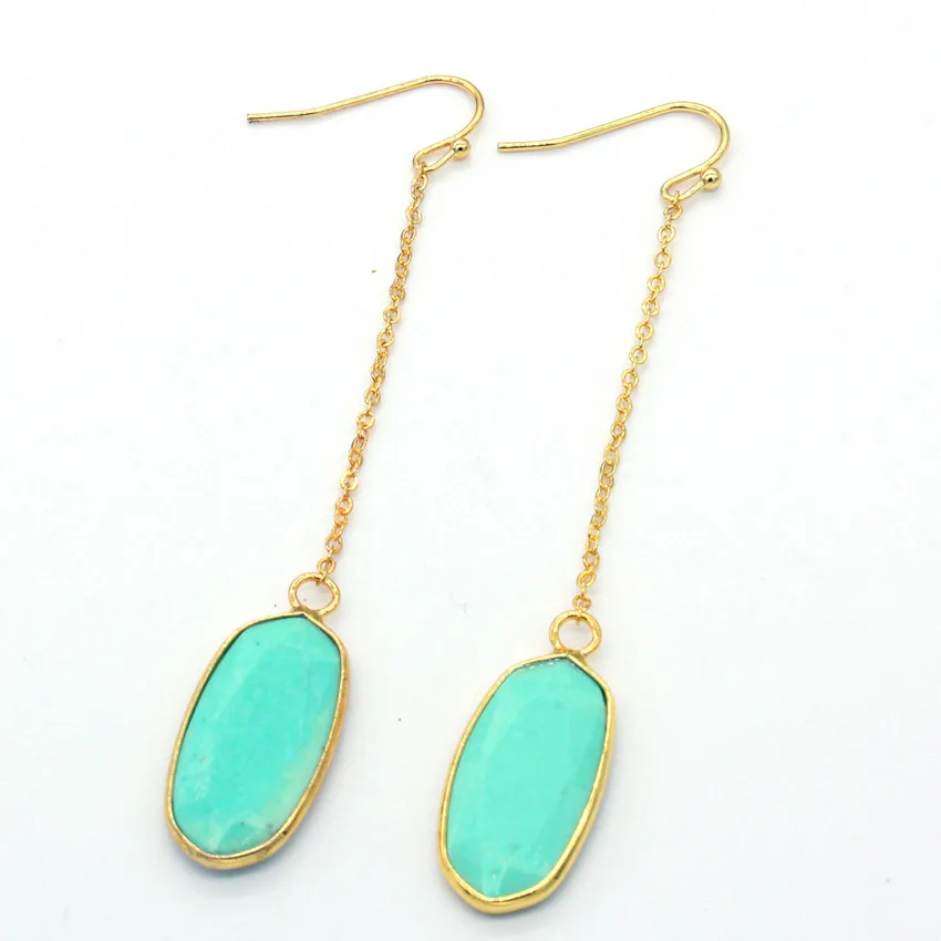 FYJS Unique Light Yellow Gold Color Oval Shape Section Green Turquoises Stone Earrings with Long Chain Jewelry