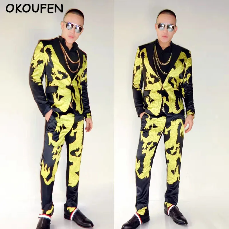 

Quality Fashion Men Black Dragon Robe Suits Costumes Nightclub male singer DJ GD Party show stage performance blazers set