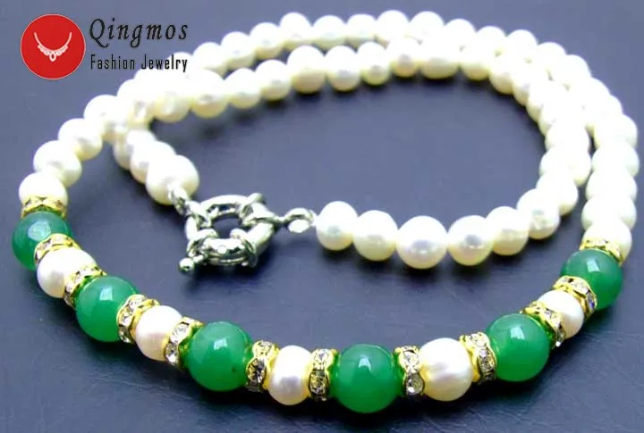 Qingmos Trendy Natural Pearl Chokers Necklace for Women with 8mm Green Jades & 6-7mm White Pearl Necklace 17