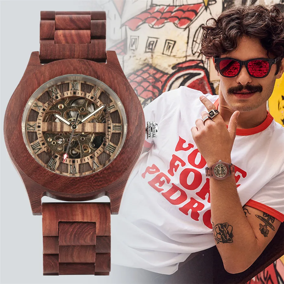 Luxury Red Wood Watch Mechanical Self Winding Wooden Watches Creative Unique Automatic Timepiece Men Watch reloj masculino