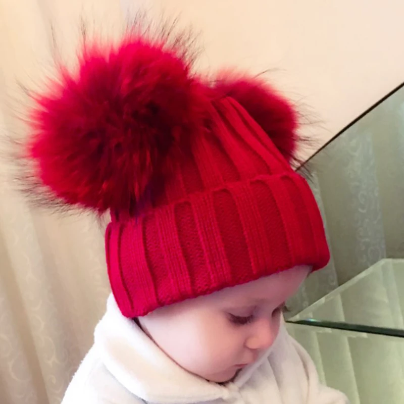 JX Watcher Winter Doppel Echtpelz Pom Pom Hut für Kinder Baby Strick mützen mit zwei Pelz Pompons Jungen Mädchen hochwertige Mütze Mütze – Detail 20