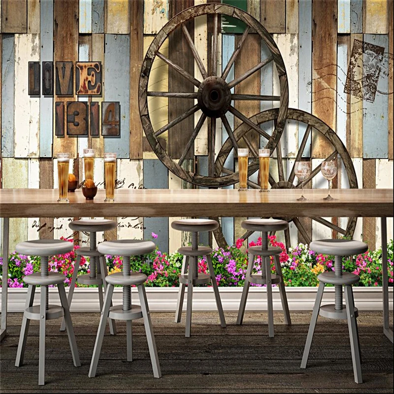 

beibehang Wallpaper Mural Wall Sticker Retro Wooden Board Wheel Culture Restaurant Bar Cafe Background Wall papel de parede