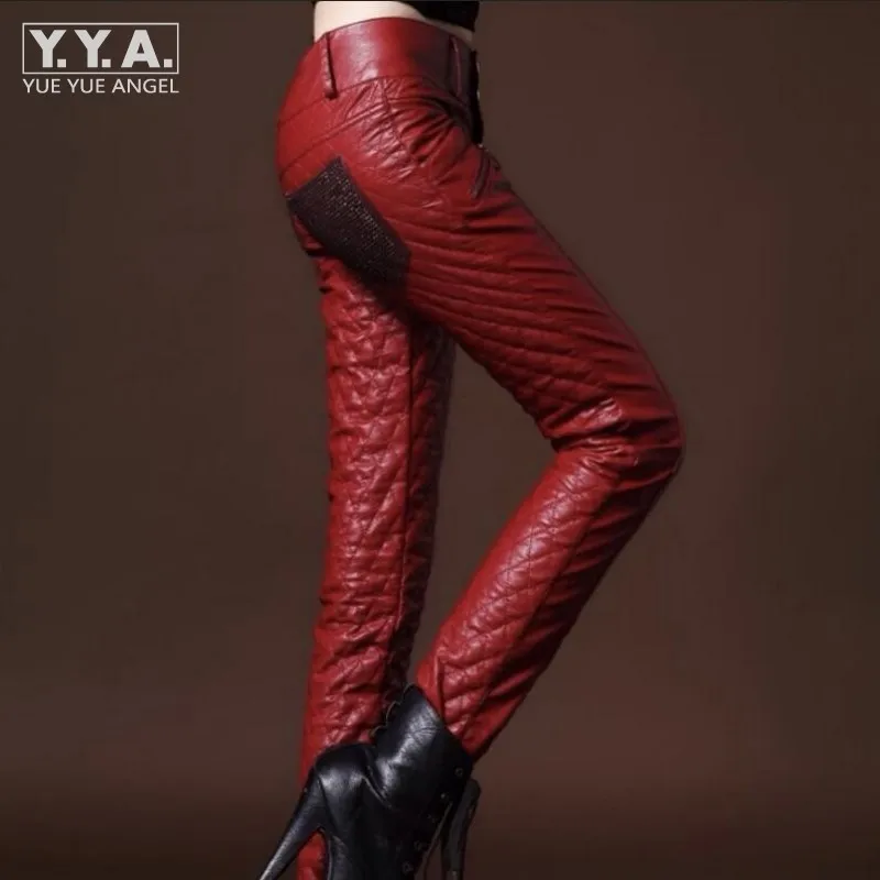 New Chic Winter Womens Faux Leather Slim Fit Pants Warm Trousers Leggings Skinny PU Leather Women Pants Female Fashion Trousers