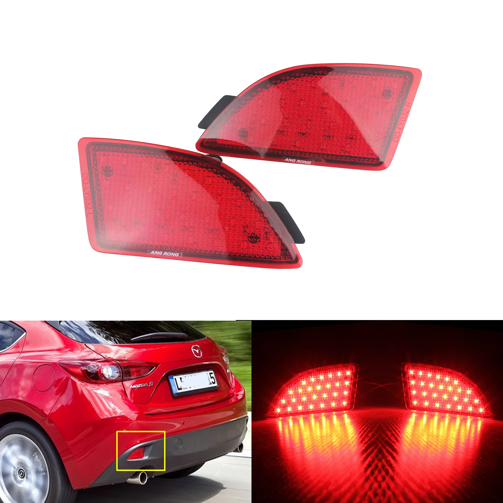 

ANGRONG 2X LED Red Lens Rear Bumper Reflector Tail Brake Stop Light For Mazda3 Mazda 3 Axela