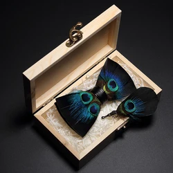 JEMYGINS original design bow tie peacock feather bow tie handmade leather bow tie brooch wooden box wedding party gift