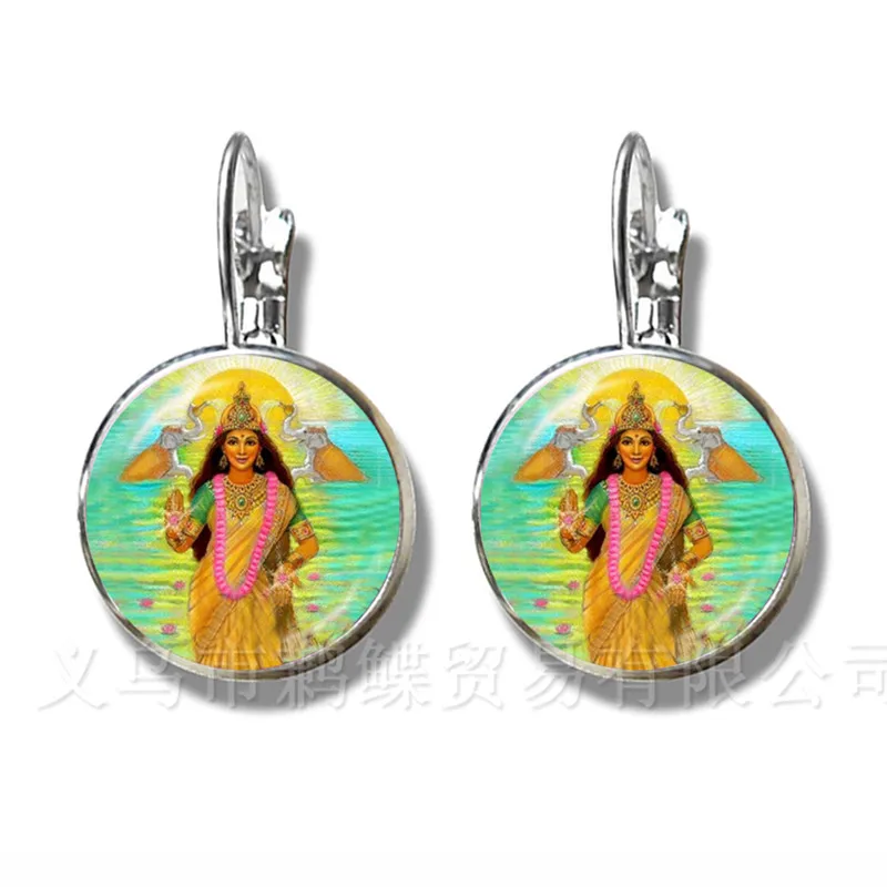 Classic India Earrings God Brahma,Vishnu, Lord Shiva Jewelry 16mm Glass Cabochon Silver Plated Stud Ear Religion Jewelry Gift