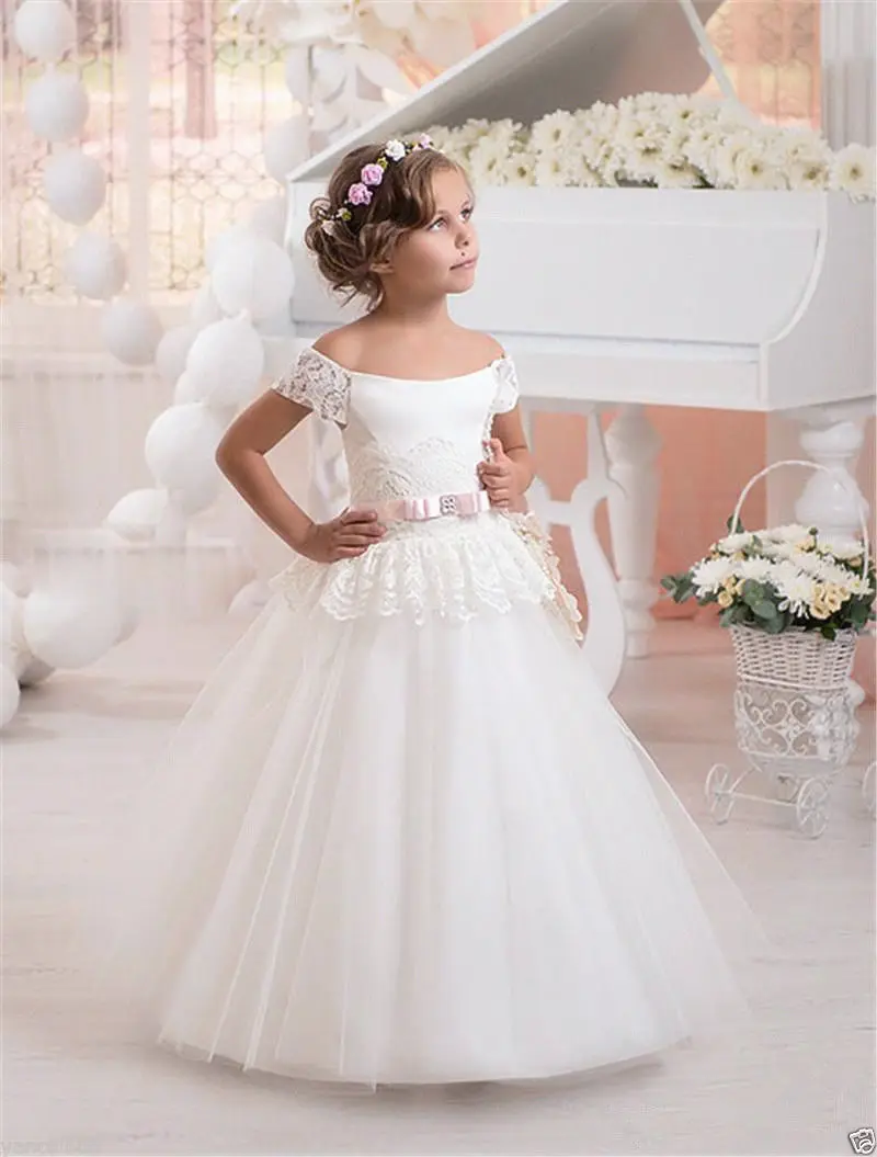 2017 Lovely Strapless Flower Girl Dresses for Wedding Vintage White Lace Tulle Kid Ball Gown Princess Birthday Party Gown