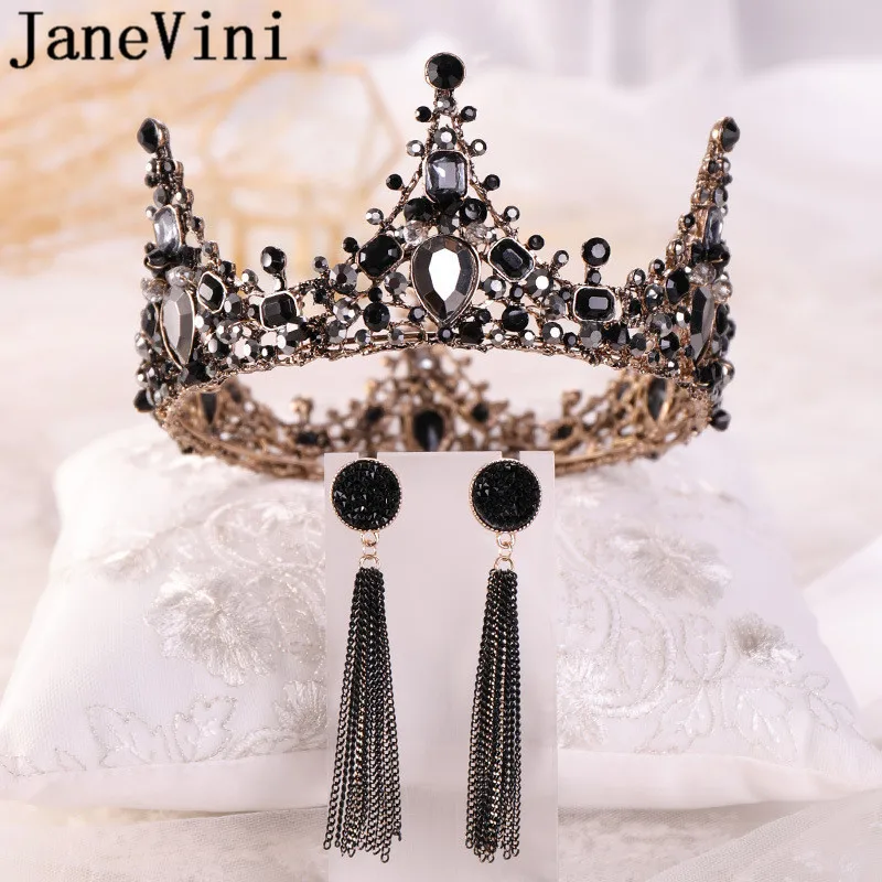 

JaneVini Vintage Baroque Wedding Tiara and Crown Earrings Black Crystals Beaded Hair Accessories Round Bridal Party Headwear New