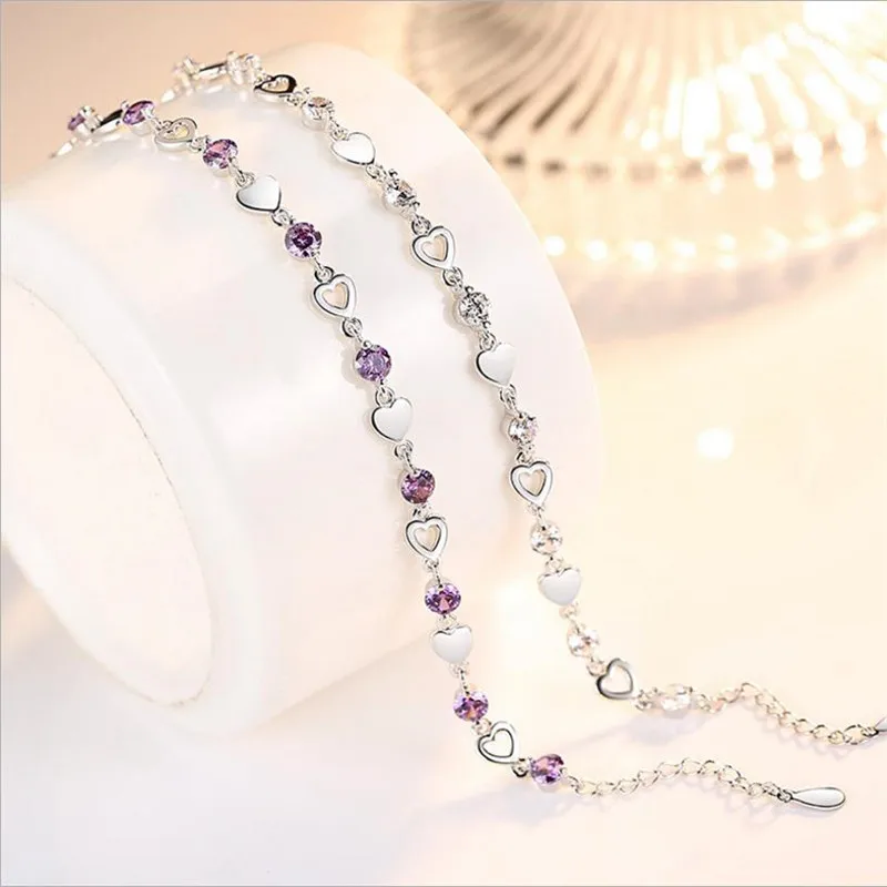 

TJP Charm Crystal Purple Female Anklets Jewelry Fashion Girl 925 Silver Bracelets For Women Bride Wedding Engagement Bijou Gift