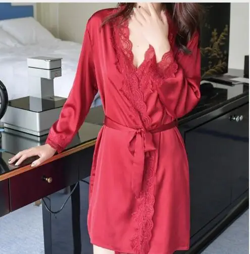 1620 Women\'s Satin Silk Woman Lace Robe Female Lace Bathrobe Womens Robes Sleepwear Ladies Sexy Robe For Women Drop Shipping