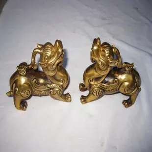 a pair of Old  Qing Dynasty copper carving-- Plutus monster statue /sculpture, best collection&adornment,free shipping