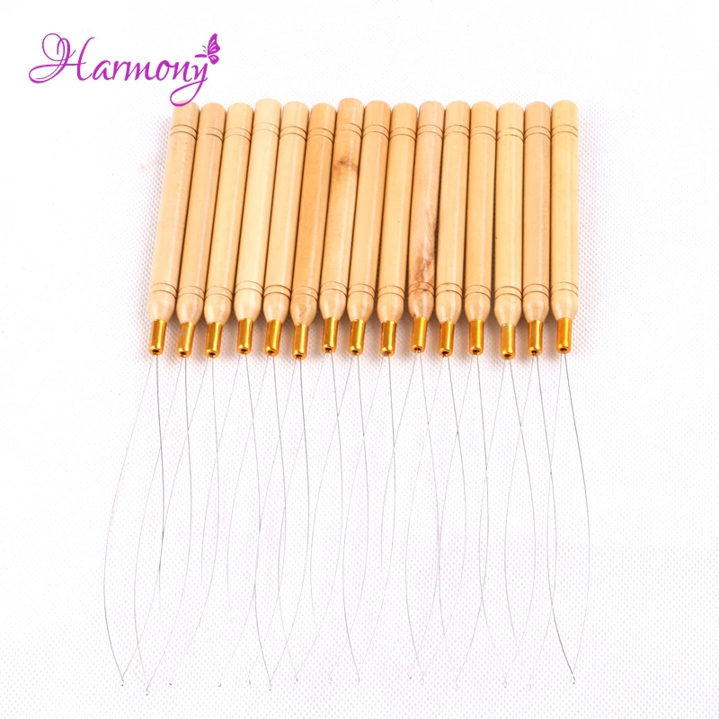 50pcs Hair Extension Hook Pulling Tool Needle Threader Micro Rings Beads Loop Wooden Handle With Iron Wire Hotting