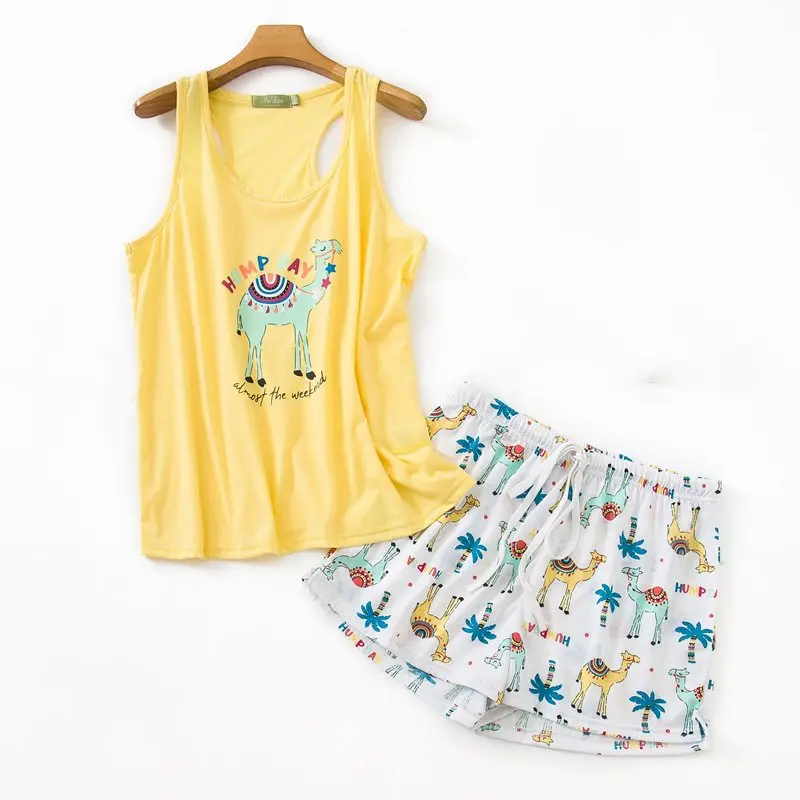 Summer Female Casual Cartoon Pajama Sets Ladies Cotton Sleepwear Suit Women Sleeveless Vest Shirt & Shorts Home Clothes