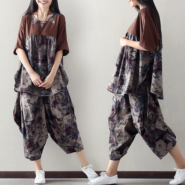 

2018 female new summer plus size national wind art printing cotton and linen short-sleeved shirt + wide leg pants two piece set