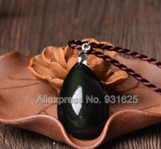 Beautiful Natural Rainbow Eye Obsidian Carved Water Dropping Design Lucky Amulet Pendant + Rope Necklace fashion Jewelry