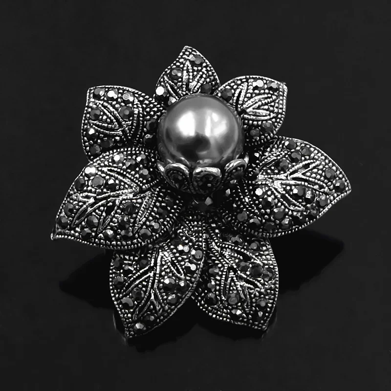 Vintage Black Style Pearl Flower Brooch Hot Selling Fantastic Women Scarf Buckle Pin Jewelry Accessories
