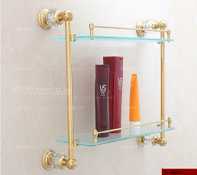 Luxury Gold Crystal Decoration Bathroom Double Glass Shelf Cosmetics Rack Storage Holder Pendant Sanitary Hardware Accessories