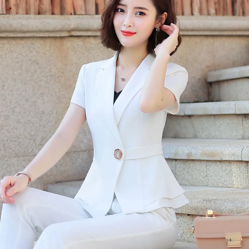 Naviu Women Pants Suit New Summer Fashion Short Sleeve Slim Blazer and Trousers Business Temperament Office Lady Work Wear