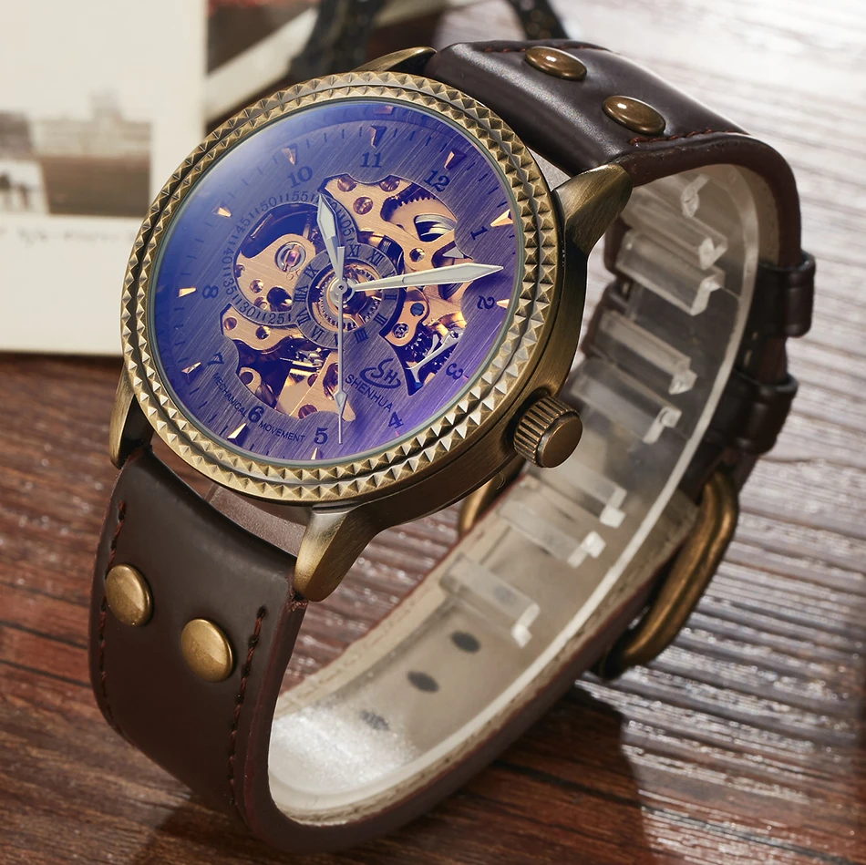 Retro Top Brand Luxury Mechanical Men Watch Leather Strap Vintage Skeleton Automatic Male Wristwatch Clock Relogio Masculino New