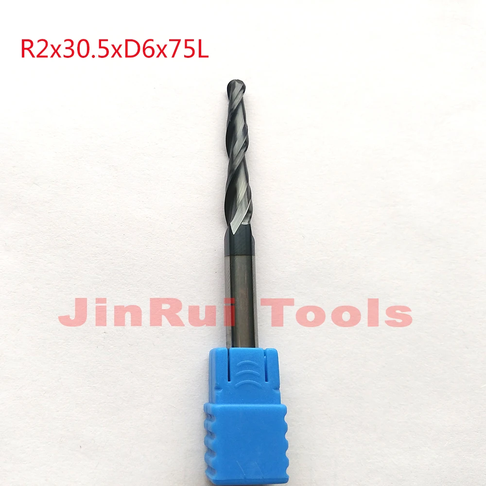 1 قطعة r2 * d6 * 30.5 * 75l * 2f hrc55 التنغستن كربيد الصلبة المغلفة مستدق الكرة نهاية الأنف المطاحن المطاحن cnc