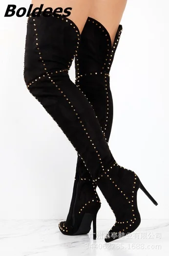 

Sexy Black Suede Slim Fit Pointy Stiletto Heel Thigh High Boots Fashion Rivets Stud Over The Knee High Boots Fancy Long Boots