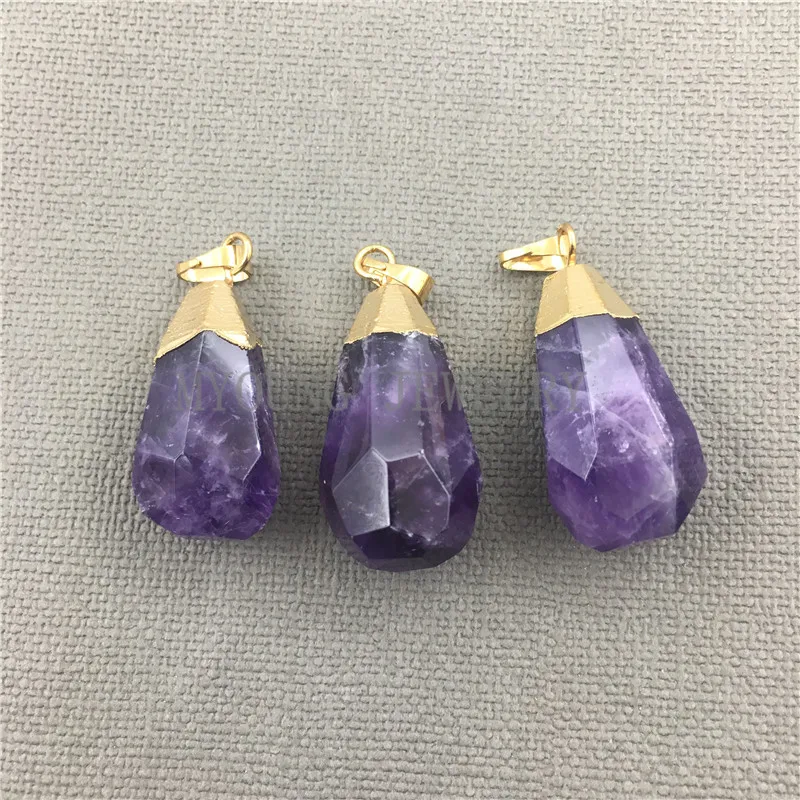 

MY0506 Teardrop Shape Purple Quartz Pendant Charm,Faceted Amethysts Crystal Water Drop Pendant with Gold/Silver Color Cap