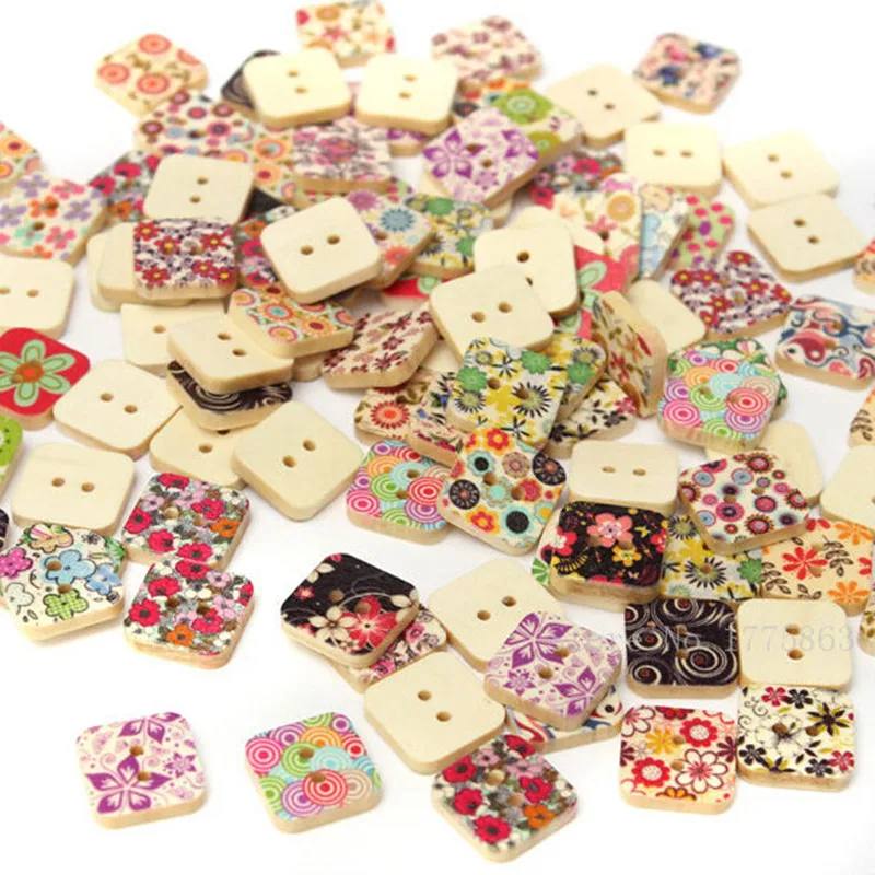 

50Pcs 2 Holes Square Wood Sewing Buttons Scrapbooking Painted Button Random Color 7NK20