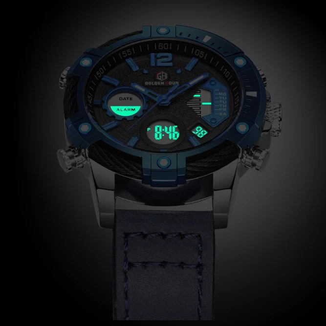 GOLDENHOUR Vigilanza Degli Uomini Top di Lusso di Marca Militare degli uomini di Sport Orologi Al Quarzo In Pelle Orologio Da Polso Impermeabile LED