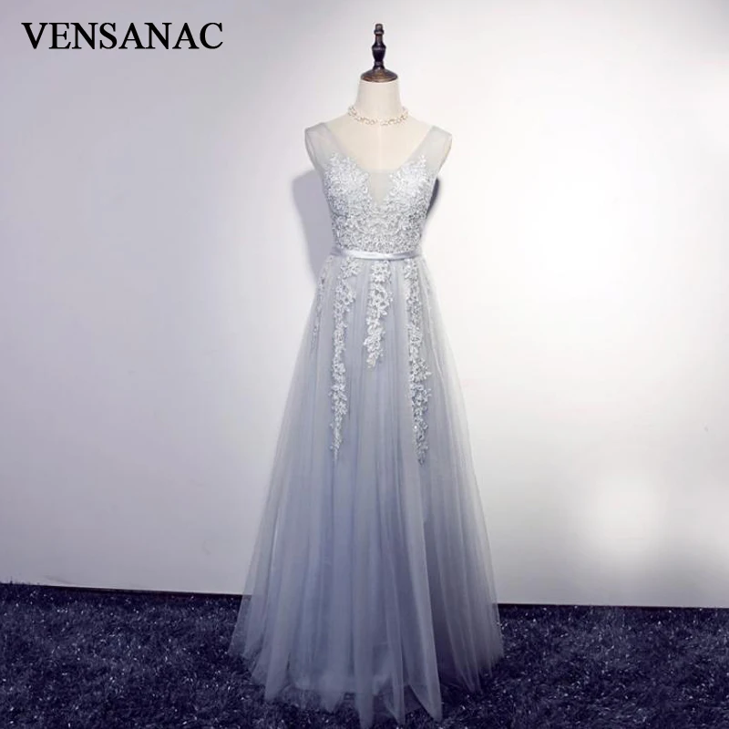 

VENSANAC Sequined V Neck A Line Lace Appliques Long Evening Dresses Pearls Party Sash Backless Prom Gowns