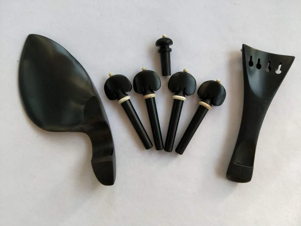 1 Set Quality Black Ebony Violin fitting with white bone collar 4/4 tail piece chin rest pegs end pin