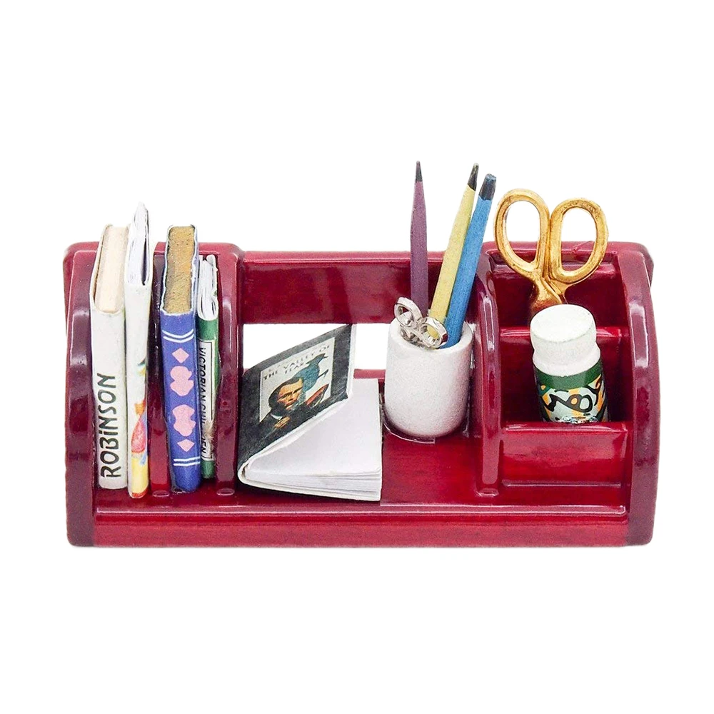 

Odoria 1:12 Miniature Office Table Stationery Organizer Storage Box Wood Red Study Tool Model Set Dollhouse Accessories Decor