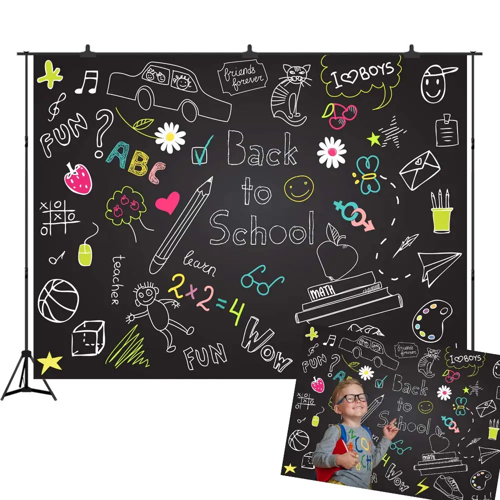 

BEIPOTO Back to School Blackboard Backdrop for Children Photography Background Photo Booth Props Hand Drawn Vinyl Party Banner