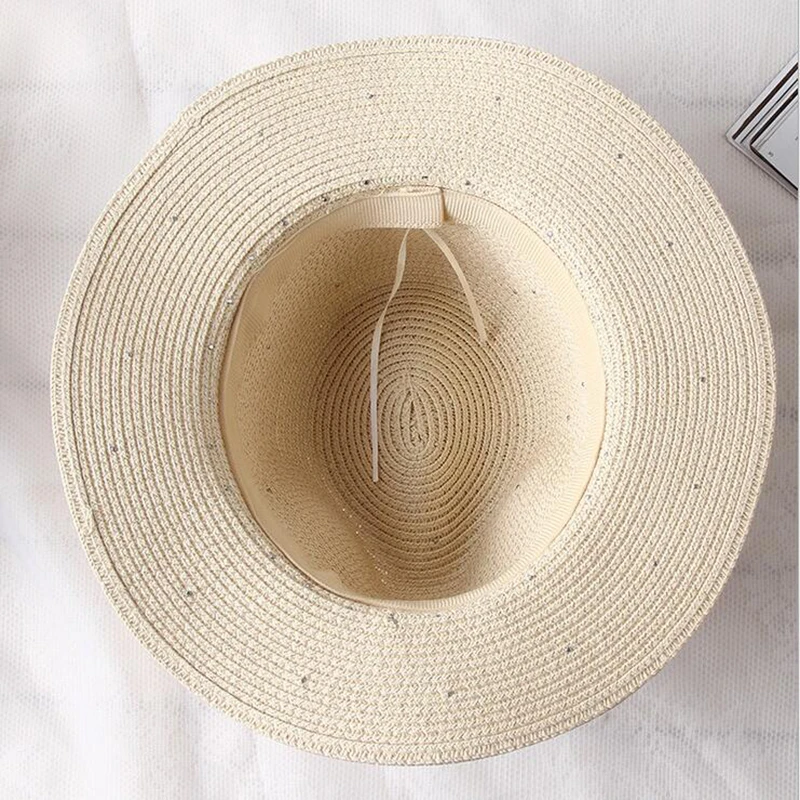 New Spring Summer Hats For Women Flower Beads Wide Brimmed Jazz Panama Hat Sun Visor Beach Hat Flower Pearl rivet Straw Hat