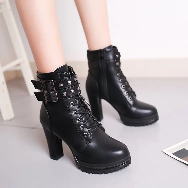 New Autumn Women Ankle Boots Platform High Heel Shoes Ladies Lace Up Buckle Strap Short Boots Casual Female Footwear