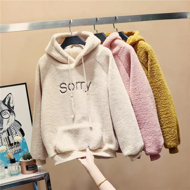 new Autumn Winter Coat Sweet Hooded Sorry Print Harajuku Loose Pocket Hoodies Womens Fleece Flannel Pullover Female Sweatshirt