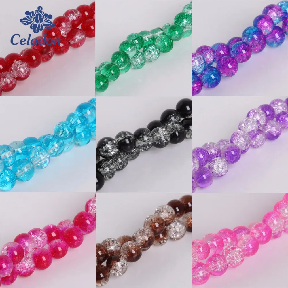 New Glass Beads 10 Colors 50Pcs 8mm Hole 1mm Two-Tone Crystal Crackle Glass Beads Strands Round Beads for Jewelry Making